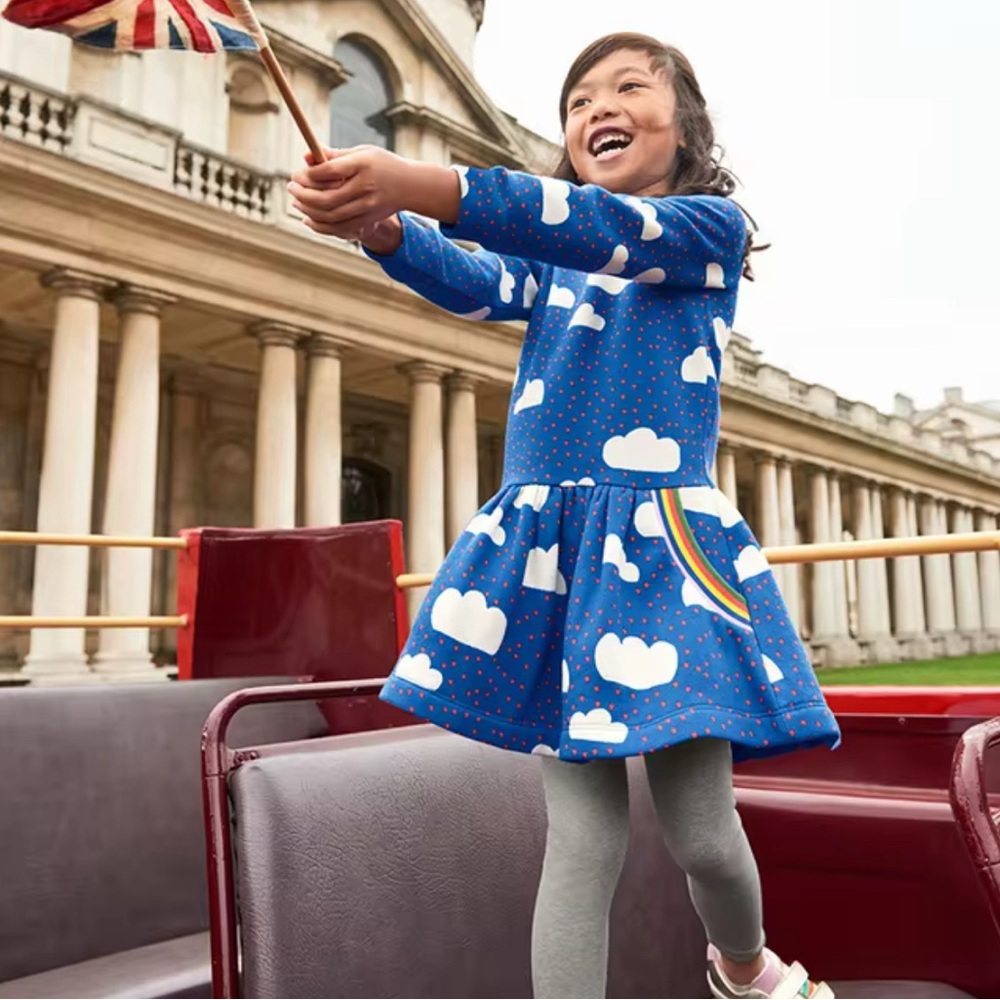 Mini Boden Blue Dress Rainbows Clouds Fleece 5 6